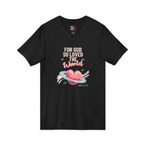John 3:16 Christian V-Neck Tee — "For God So Loved the World" Heart