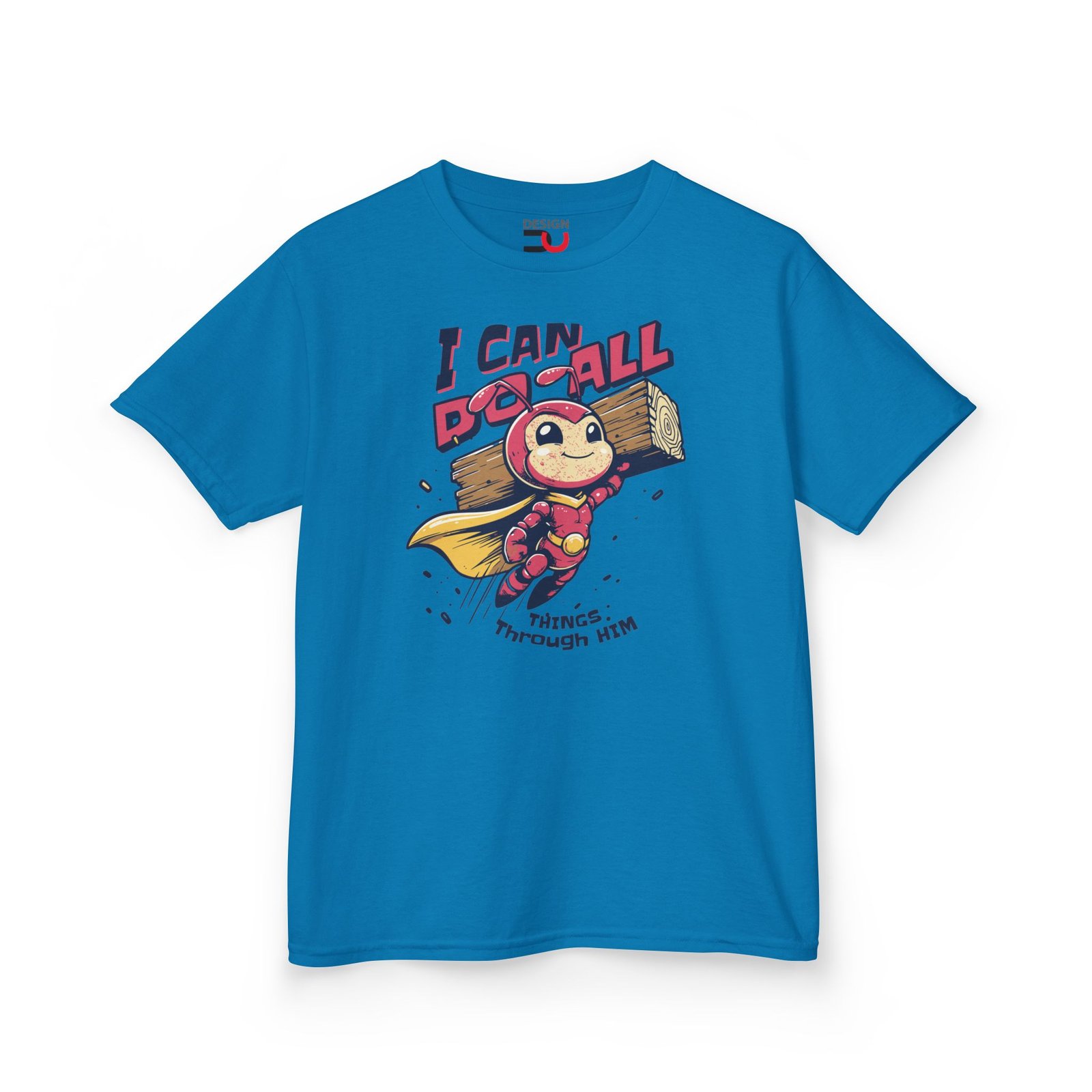 Kids Christian T-shirt I Can Do All Things Through Him Superhero ant Tee - Image 2