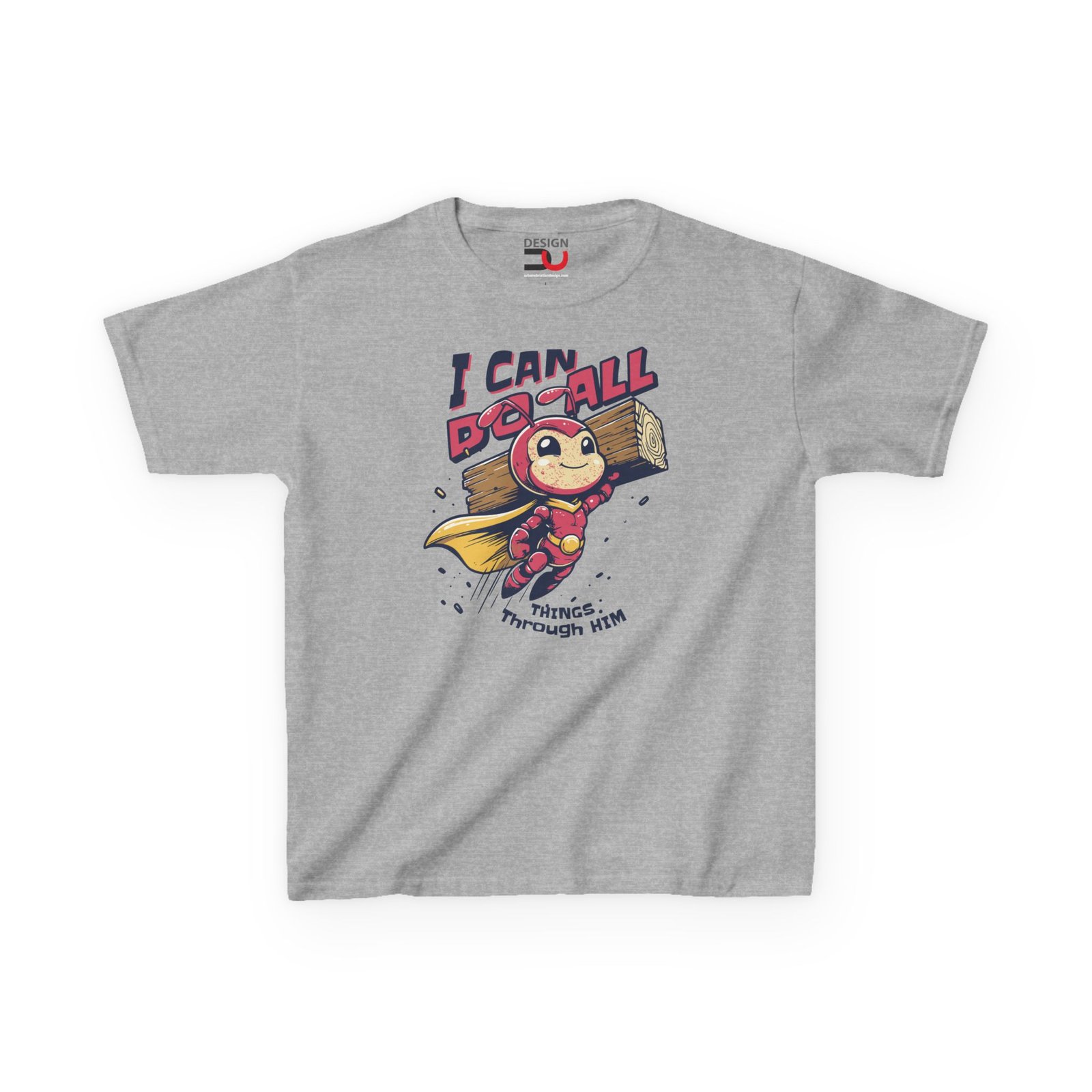 Kids Christian T-shirt I Can Do All Things Through Him Superhero ant Tee - Image 3