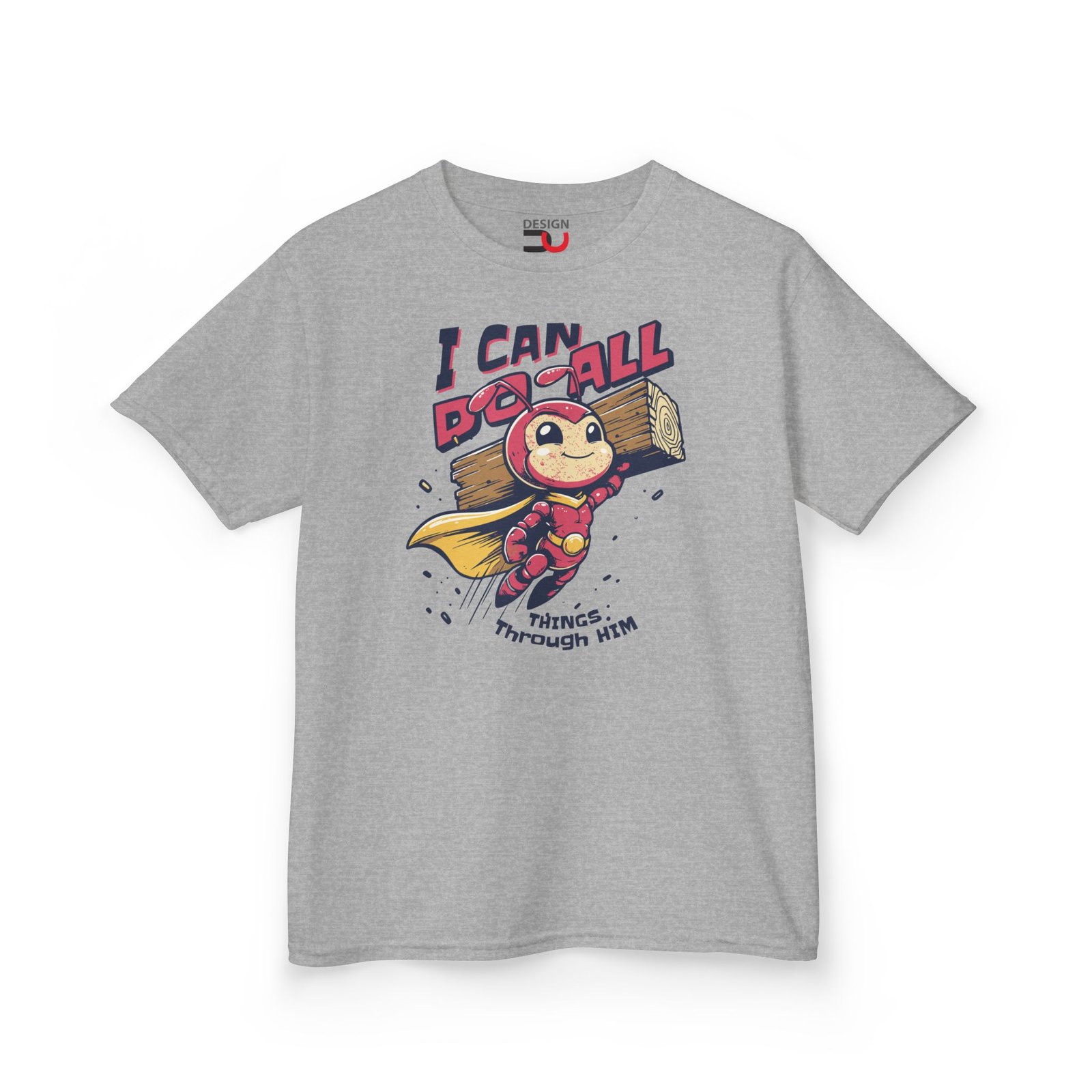 Kids Christian T-shirt I Can Do All Things Through Him Superhero ant Tee - Image 4